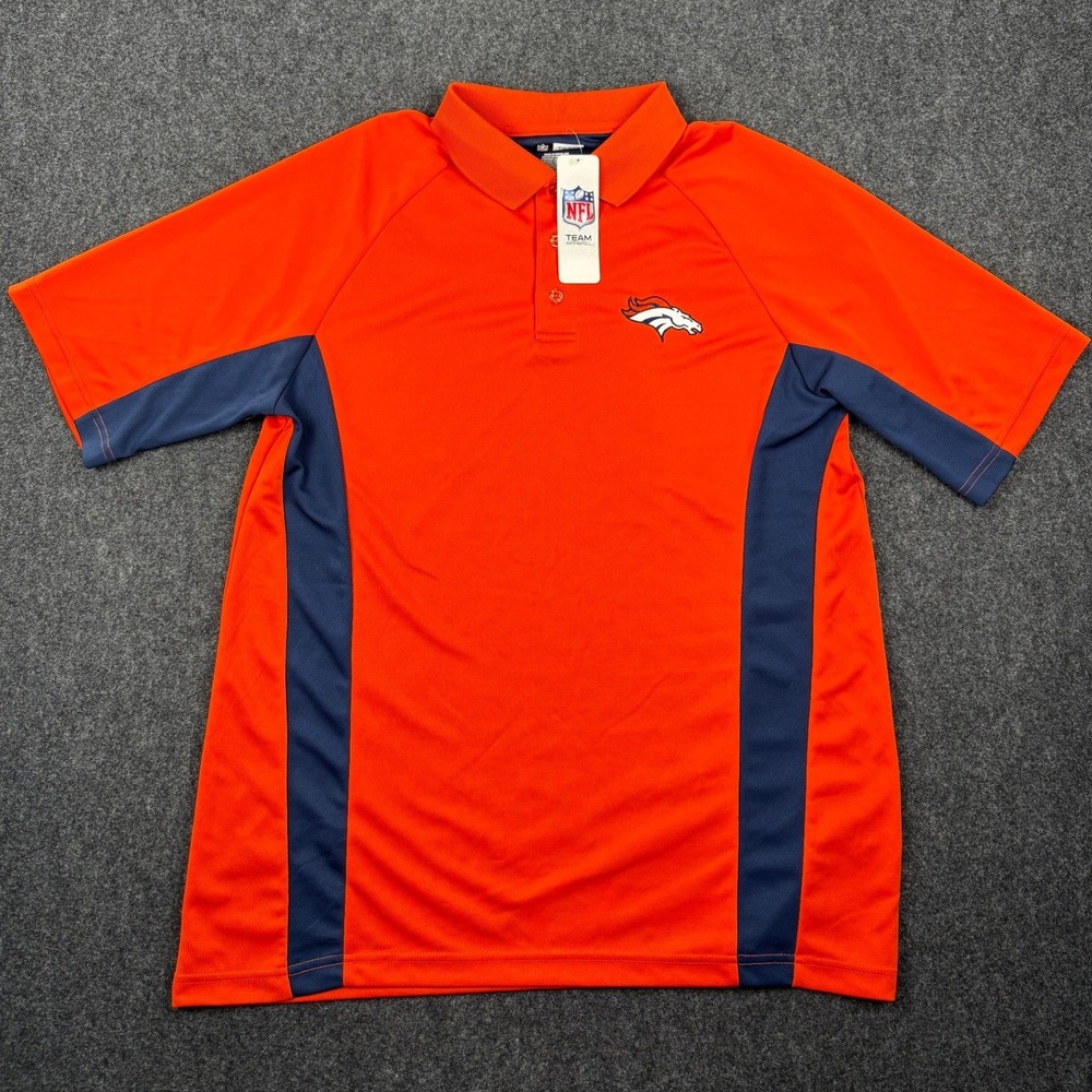 NFL Team Apparel Denver Broncos Polo Shirt Orange Navy Blue Mens Large New